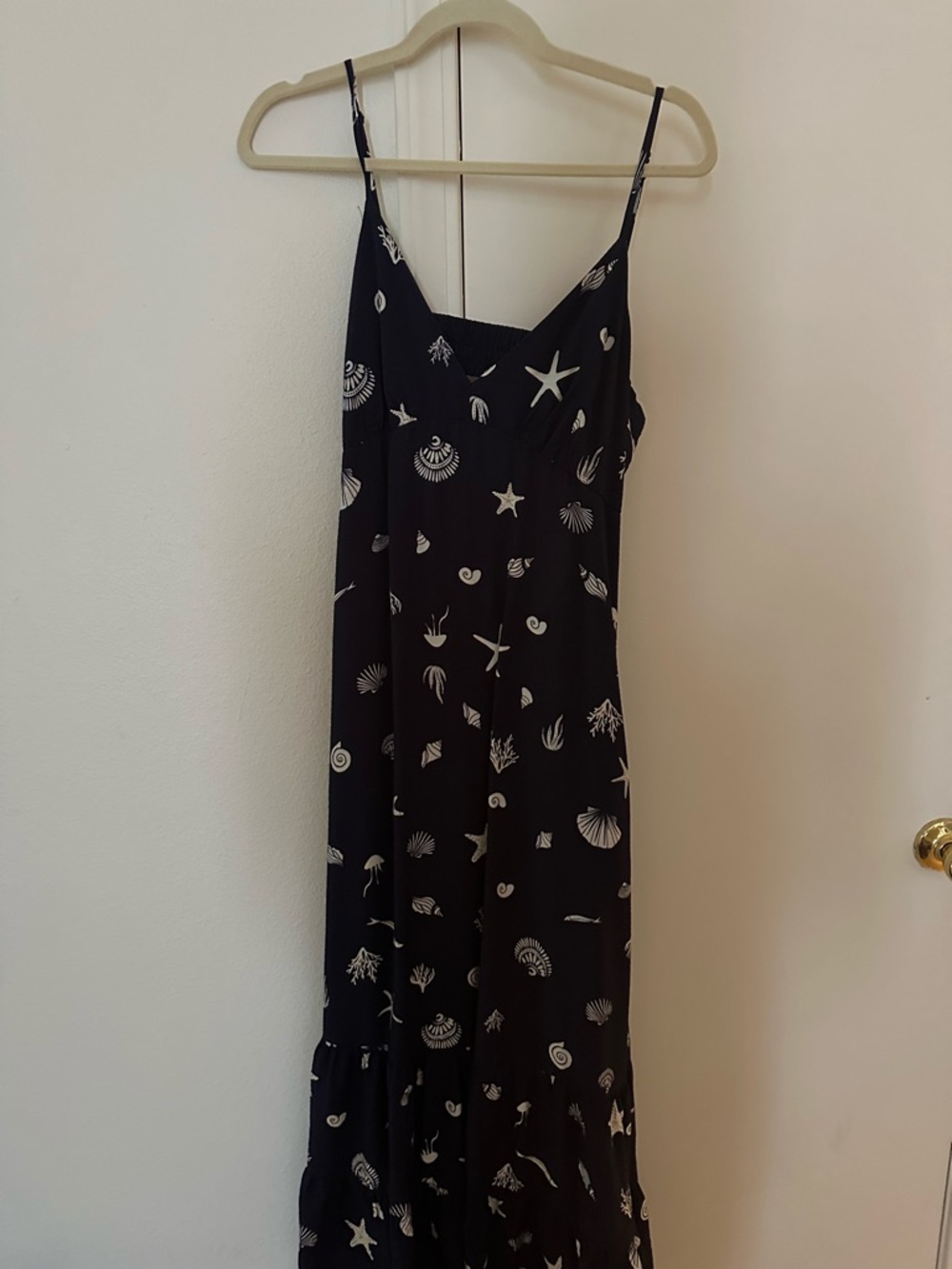 Navy Shell-Print Spaghetti Strap Maxi Dress